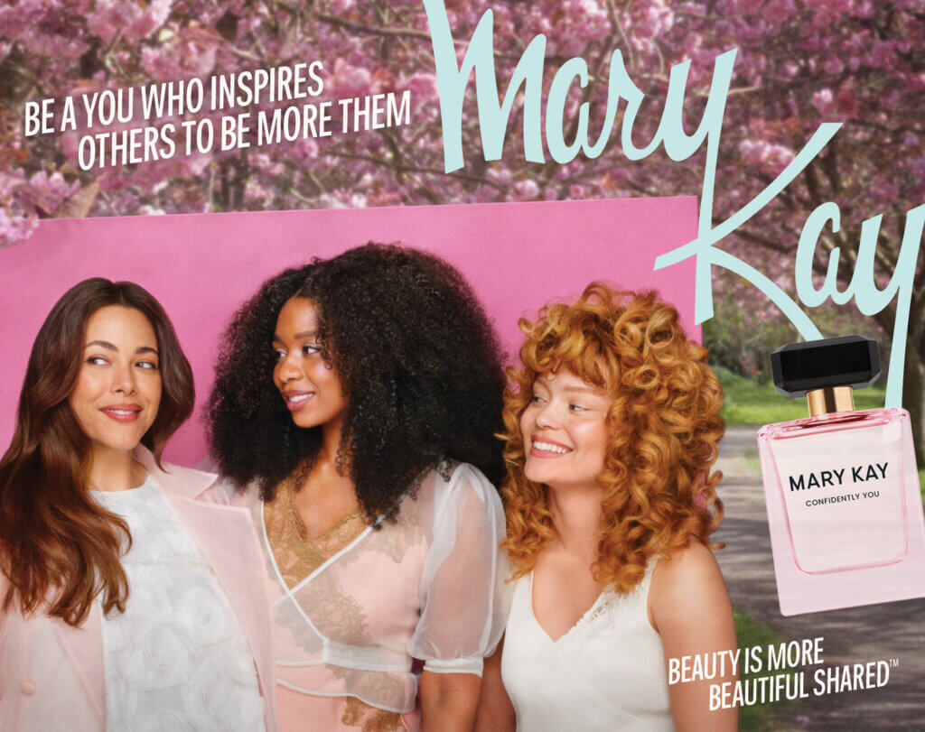 group of three women with Mary Kay perfume and tagline be somebody who inspires others to be them